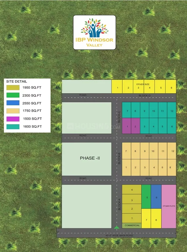 IBP Windsor Valley — Site plan for IBP Windsor Valley showing plots of various sizes in square feet. Includes blocks A, B, C, D and Phase-II.