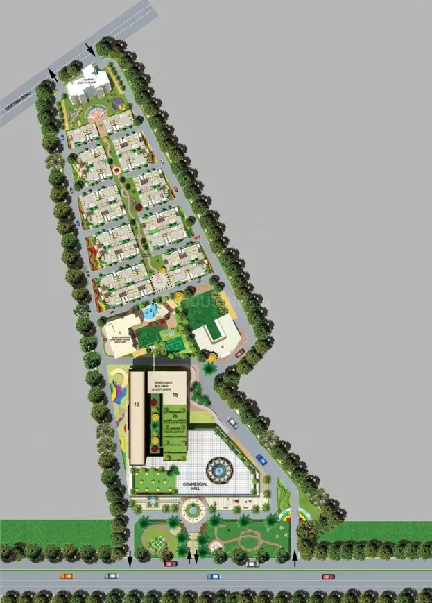 NCR Auriel Towne Villa — Top-down view of a detailed siteplan featuring residential buildings, commercial spaces, and amenities.
