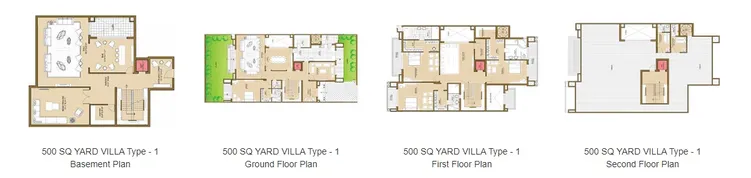 ATS Pristine 500 sq yard villa Type 1 floor plans across basement, ground, first and second floors.