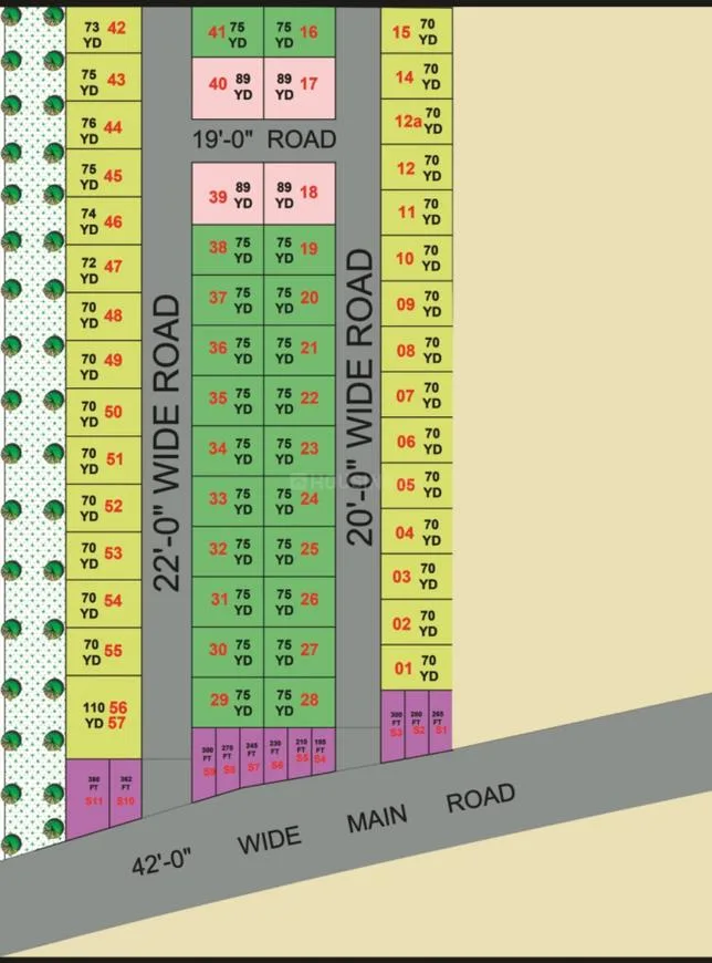 Trivor Imperial Homes — Site plan of plots with dimensions and road names like "22'-0" WIDE ROAD" and "42'-0" WIDE MAIN ROAD".
