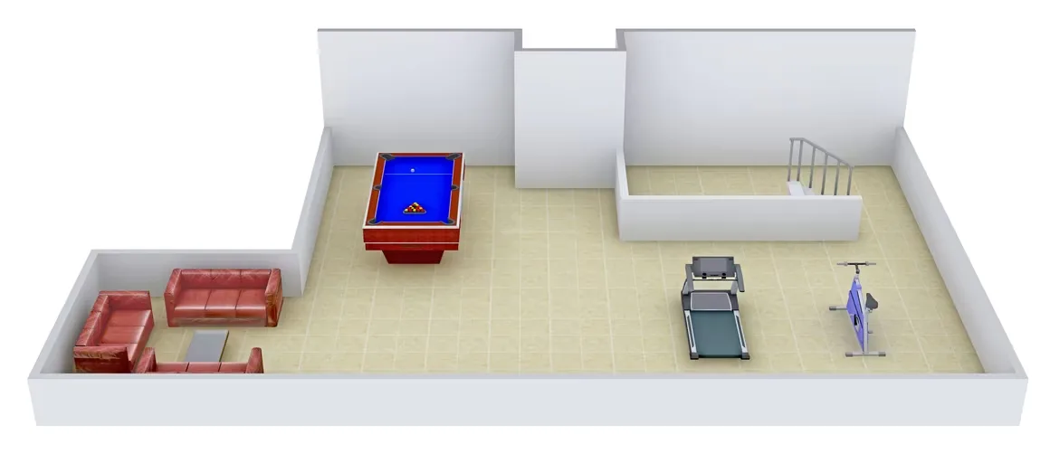 Supertech Holiday Village — A 3D rendering of a floorplan showing a recreation area with a billiards table, sofa set, treadmill, and exercise bike.