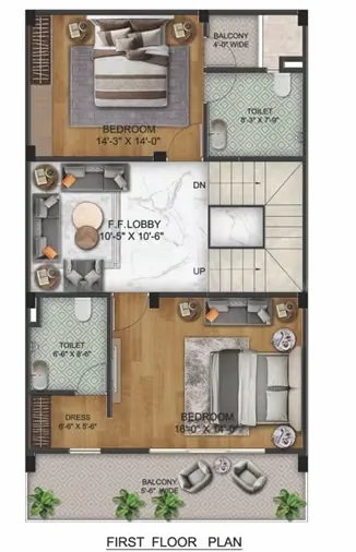Shree Shyam Luxury Villas — First-floor plan with two bedrooms, two bathrooms, a balcony, and a lobby area.