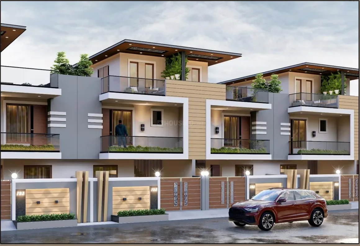 Divine Villas — A modern rendered image of villas with flat roofs, balconies, and a brown car parked on the street.