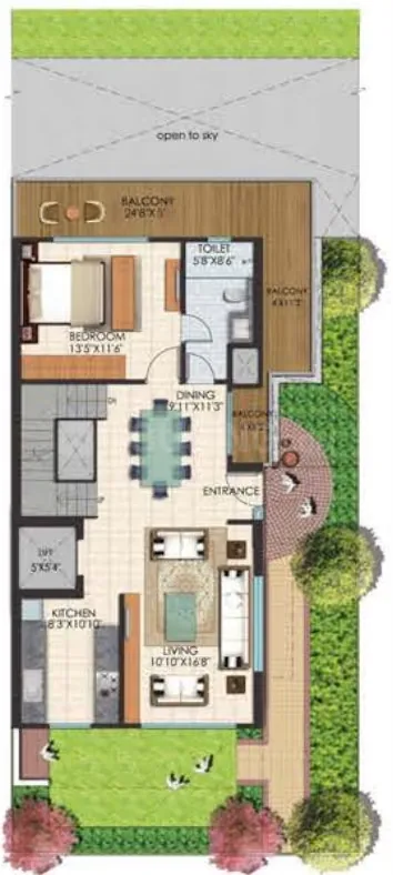 Sunrise Suntwilight Recreational Phase 1 — Floor plan rendering showing a bedroom, living area, dining area, kitchen, and balconies.