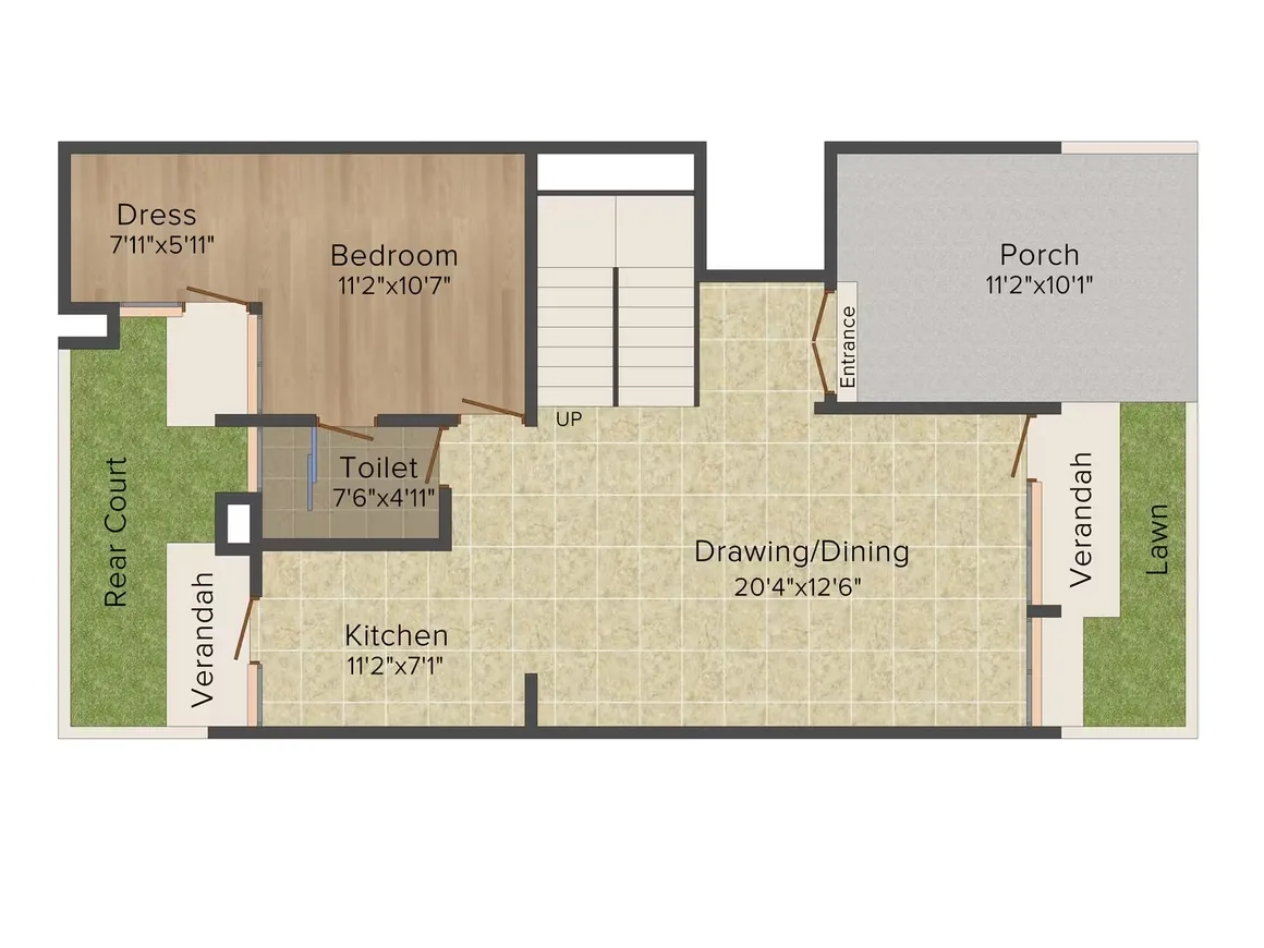 Jaypee Sportsville — Floorplan showing a bedroom, dress area, toilet, kitchen, drawing/dining area, porch, rear court, verandah, and lawn.