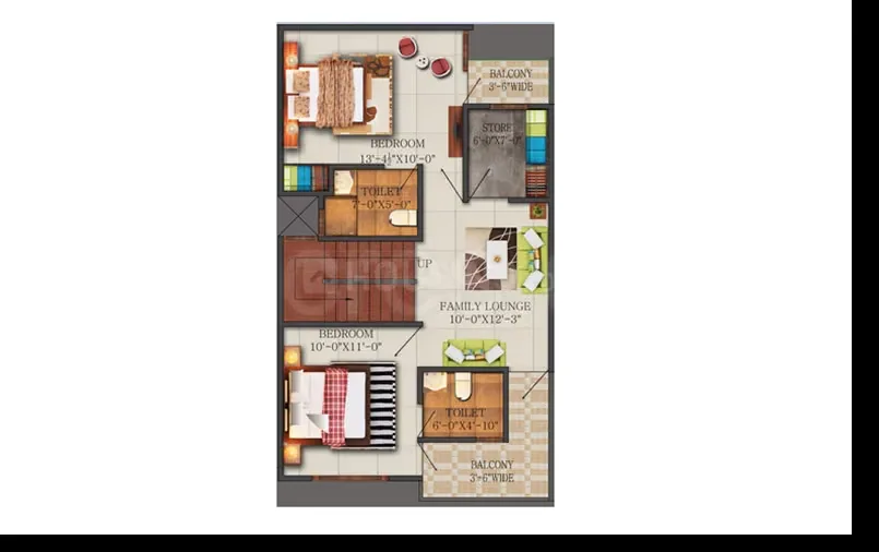 Real Homez Green Villa 2 — Floor plan showing two bedrooms, two toilets, a family lounge, a store, and two balconies.