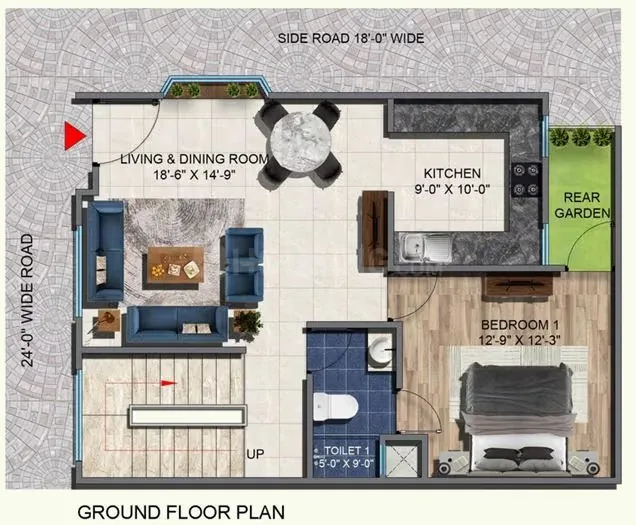 Rohin City Site Villa — Ground floor plan showing a living and dining room, kitchen, bedroom, toilet, and rear garden.