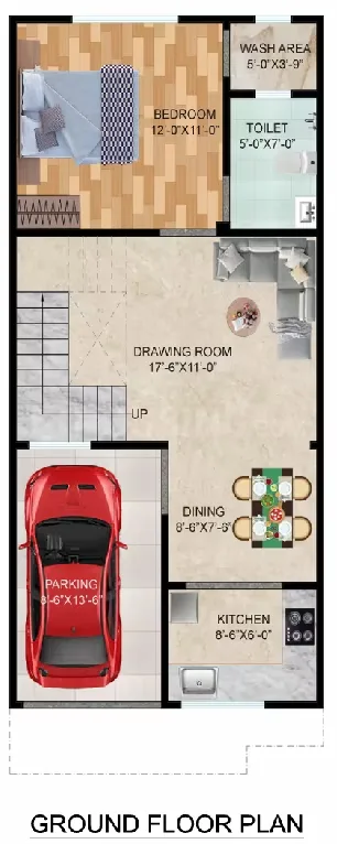 Pinnacle Neelkanth Villa — Ground floor plan showing a bedroom, toilet, wash area, drawing room, dining area, kitchen, and parking.