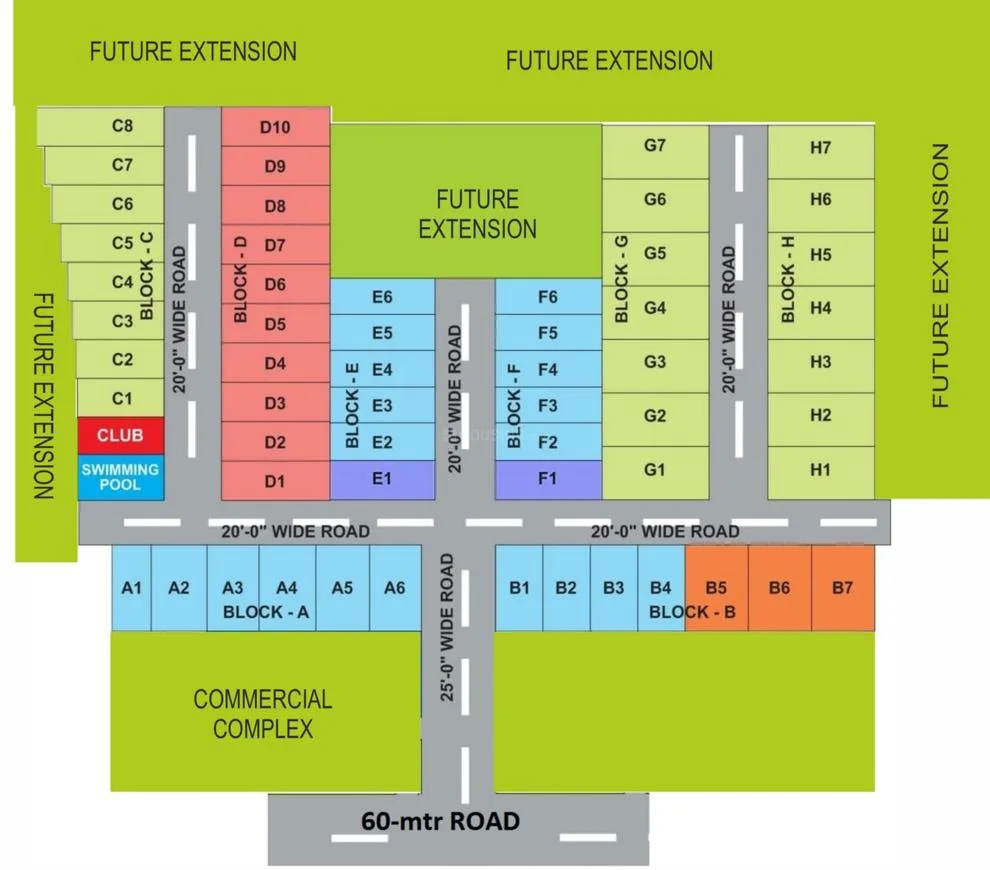 AB Crimson Villa — Site plan showing residential blocks A, B, C, D, E, F, G, H with plots, roads, commercial complex, club and swimming pool. Future extensions also marked.