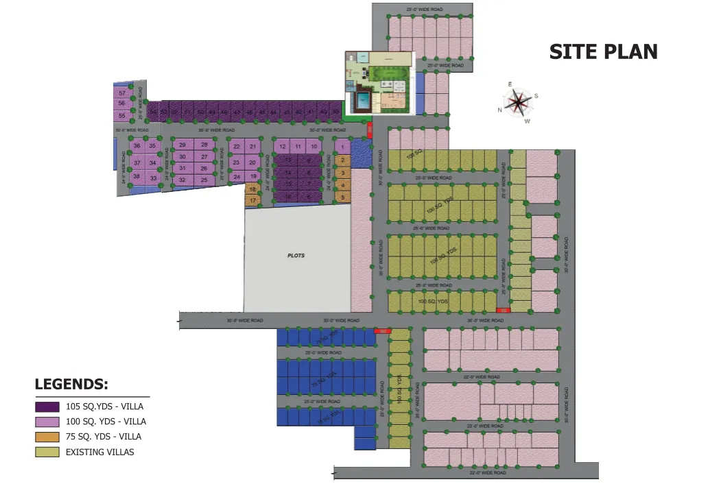Kingson Green Villa site plan with 75 / 100 / 105 sq yd plot ladder and existing villas block