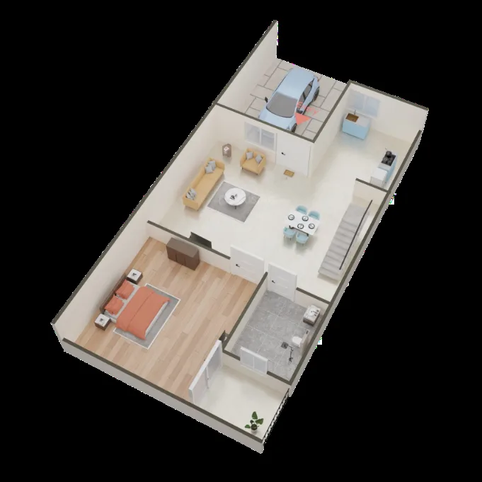 AB Crimson Villa — 3D floor plan render of a residential unit with living area, dining, kitchen, bedroom, and car parking space.