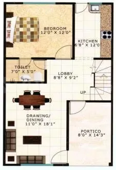Shubh Villa — Floor plan with bedroom, kitchen, toilet, lobby, drawing/dining, and portico areas. Dimensions for each room are provided.