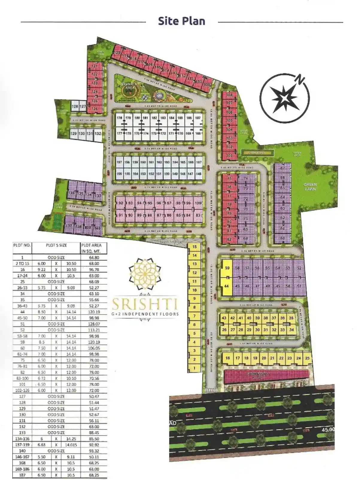 Lotus Srishti site plan at NH-24 Crossings Republik with 187 numbered plots and colour-coded plot sizes.