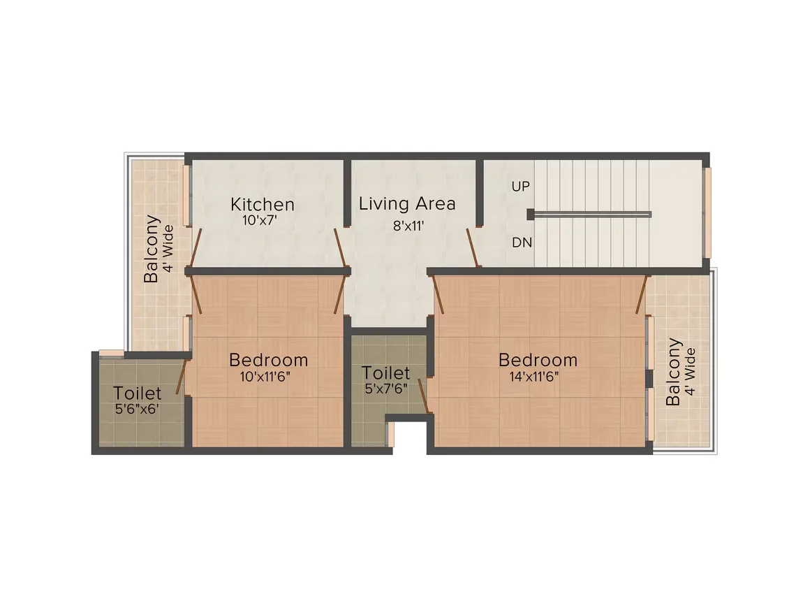 Supertech Holiday Village — Floor plan with two bedrooms, two toilets, a kitchen, a living area, and two balconies.