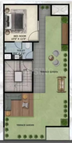 Paradise Palm Villa — Floor plan showing a bedroom, toilet, stairs, and two terrace garden areas with outdoor seating.