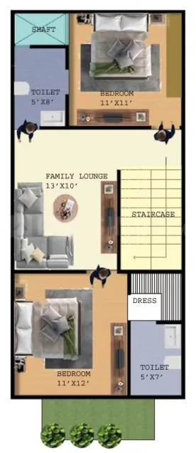 Rohit Tulsi Vatika Royal Villas — Floor plan showing two bedrooms, two toilets, a family lounge, staircase, and a dress area.