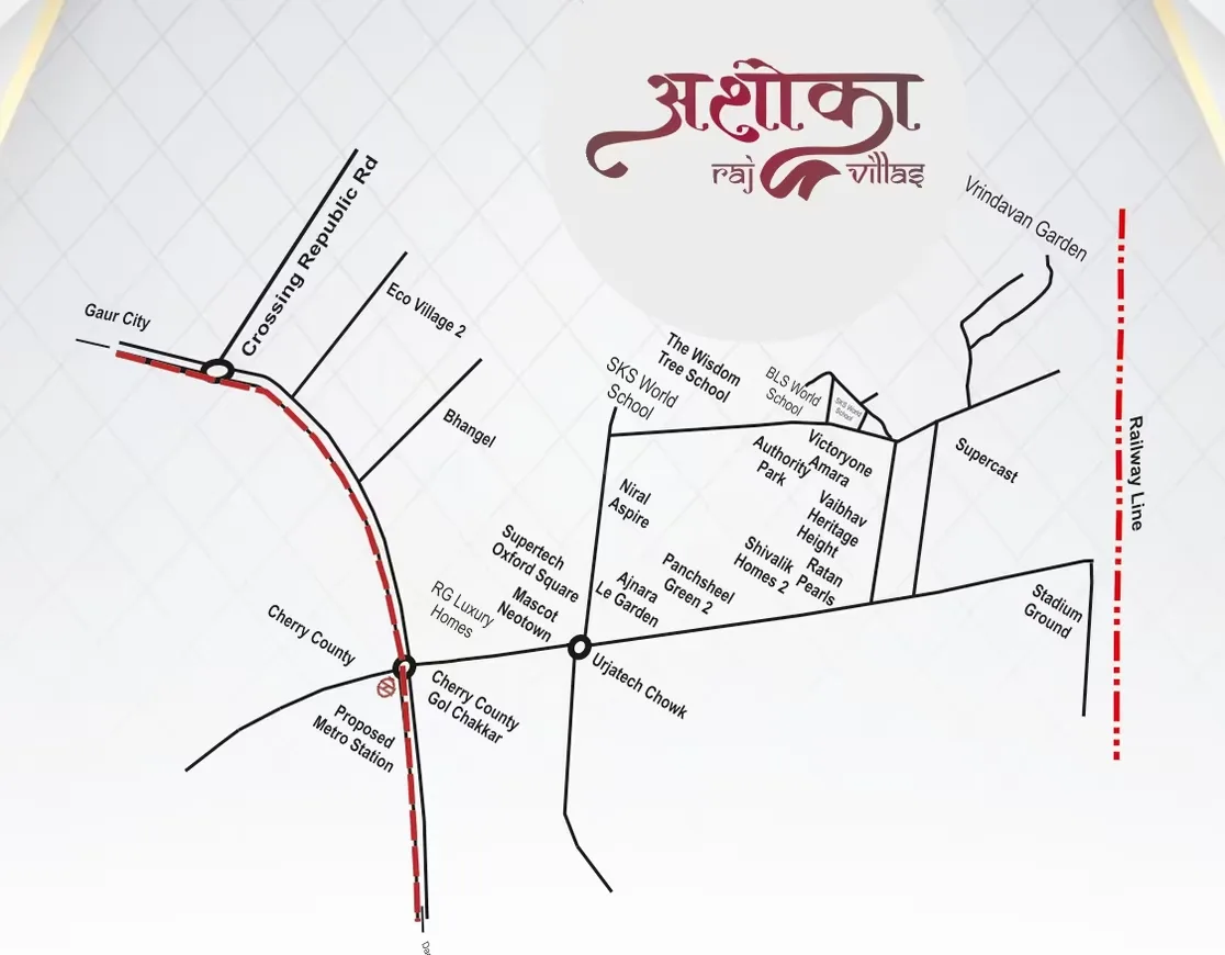 Ashoka Raj Villas — Location map of Ashoka Raj Villas showing roads, landmarks, and nearby projects like Gaur City and Cherry County.