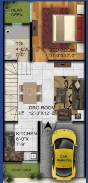 AB Crimson Villa — Floor plan of a residential villa showing car parking, kitchen, drawing room, bedroom, and toilet.