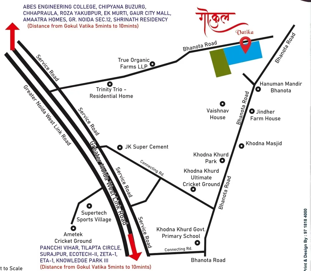 Paradise Gokul Vatika — Location map showing Gokul Vatika, Greater Noida West Link Road, Bhanota Road, and local landmarks.