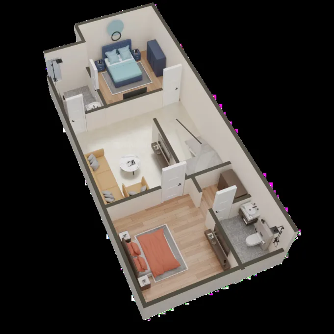 Rohit Tulsi Vatika Royal Villas — A 3D render of a cozy apartment layout featuring two bedrooms, a living area with a sofa and coffee table, and a bathroom.
