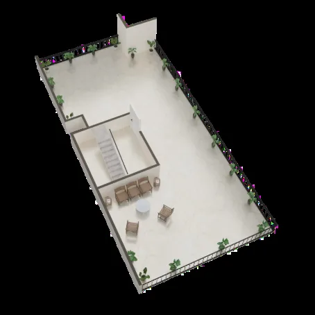 Paradise Shree Ram Vatika — Floor plan rendering of a terrace with stairs, seating area, and potted plants.
