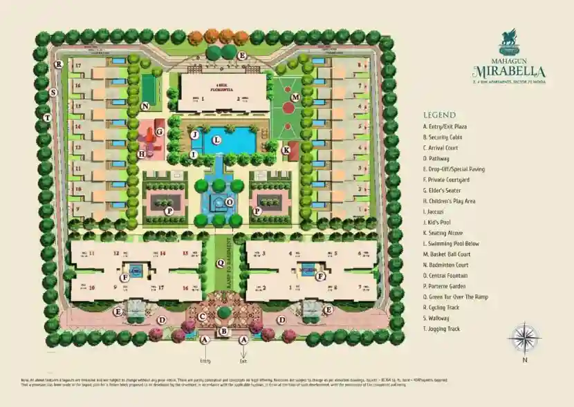 Mahagun Mirabella villa community site plan showing internal roads and amenity greens, Sector 79 Noida.