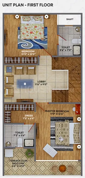 Pride Villas — First floor unit plan showing a bedroom, master bedroom with dress area, two toilets, a lobby, and a terrace cum balcony.