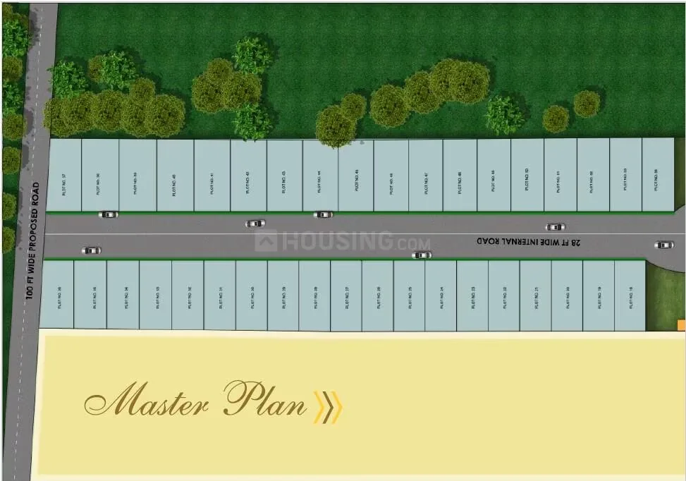 Trinity Primus — Site plan showing plot layouts, internal roads, and a 100 ft wide proposed road.