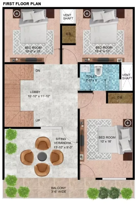 Primagic Onyx Abode — First floor plan with 3 bedrooms, 1 toilet, a lobby, sitting verandah, and a balcony. Dimensions are shown.