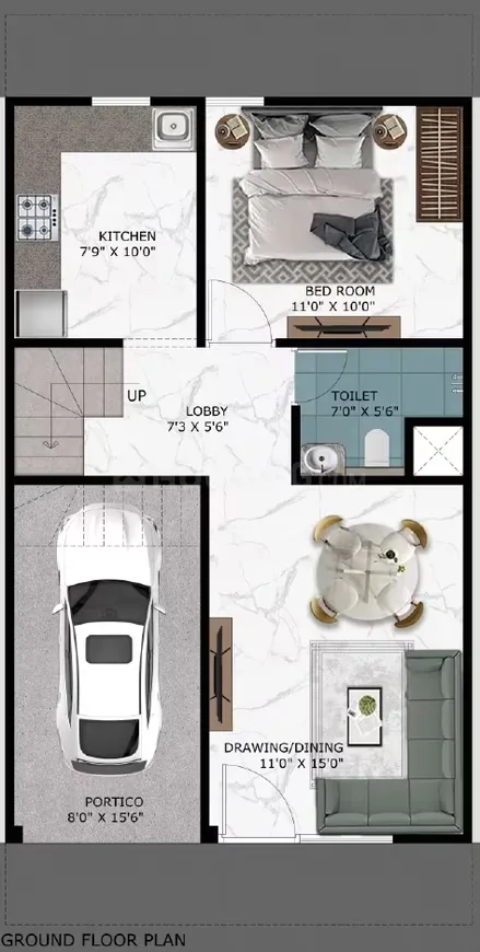 Paradise Gokul Vatika — Ground floor plan showing a portico, kitchen, bedroom, toilet, lobby, and drawing/dining area with dimensions.