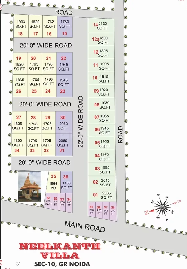 Pinnacle Neelkanth Villa — Site plan with numbered plots, their areas in square feet, and surrounding roads, including a compass.