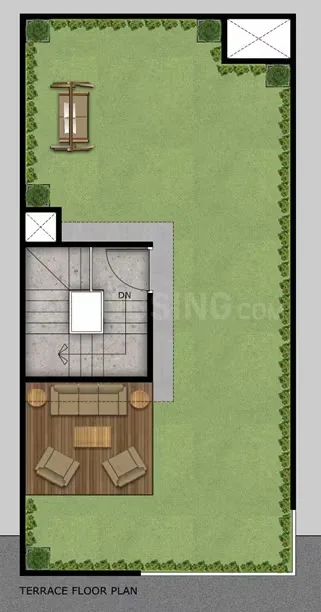 Paradise Shree Ram Vatika — Floor plan illustrating a terrace with green lawn, outdoor furniture, and stairs marked 'DN'.