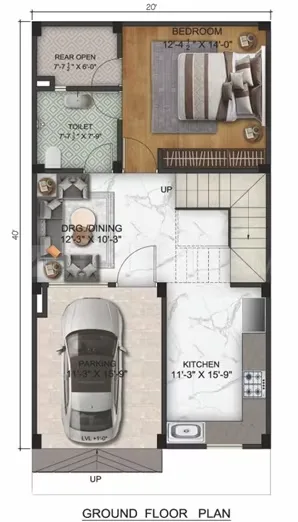 Shree Shyam Luxury Villas — Ground floor plan with dimensions for parking, kitchen, bedroom, dining, toilet, and rear open area.