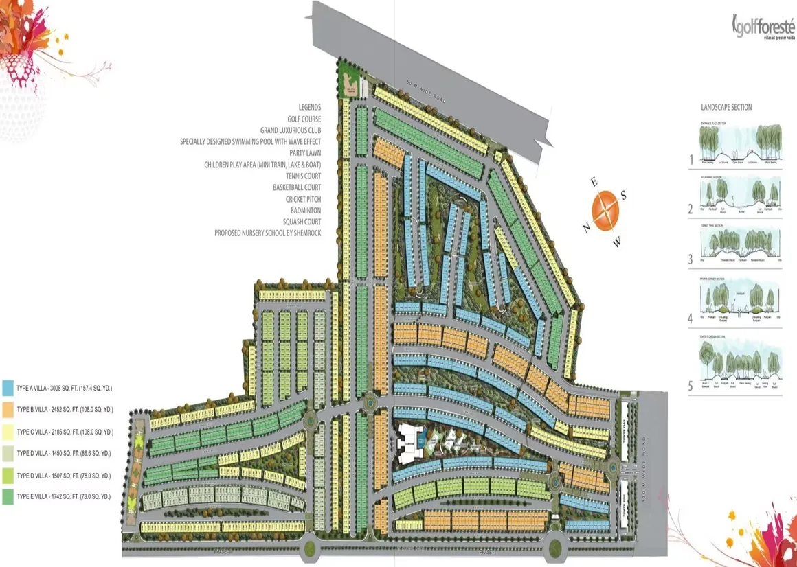 Paramount Golfforeste Villas — Site plan for Golf Foreste villas, showing different villa types (A-E) and various amenities like golf course, club, sports courts, and a proposed school.