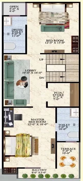 IBP Windsor Valley — Floor plan of a residential unit showing master bedroom, bedroom, lobby, puja/store, dress/toilet, toilet, balcony, terrace, and an open area.