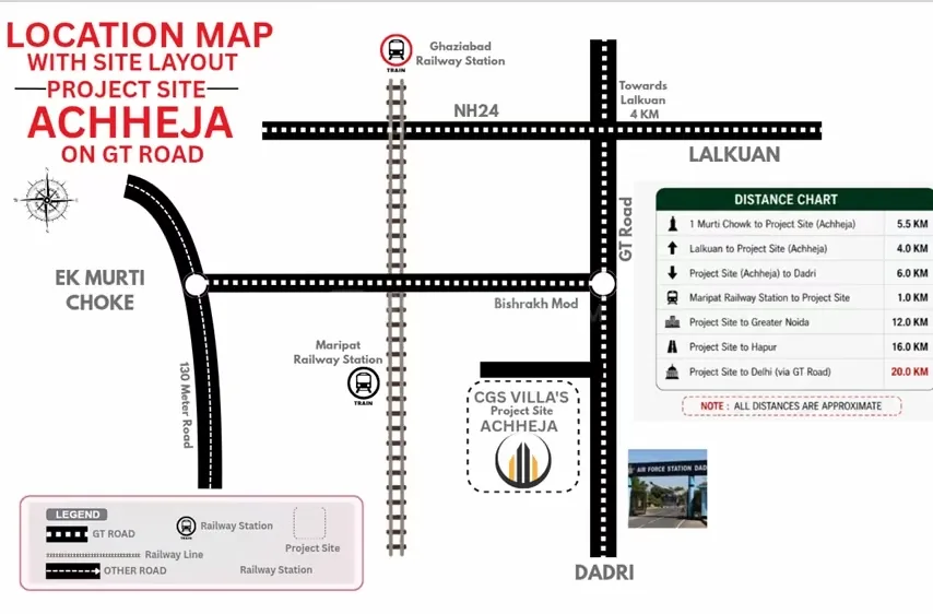 CGS Villas — Location map for CGS Villas Achheja showing local roads, railway lines, and key landmarks with a distance chart.