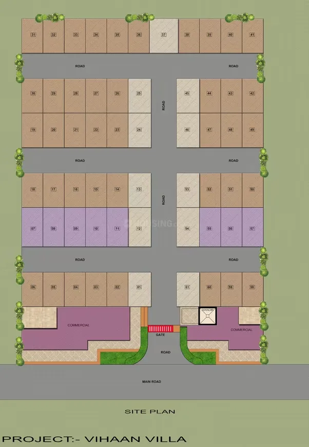 THV Vihaan Villa — Site plan for Vihaan Villa project showing numbered plots, roads, and commercial areas.