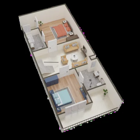 Root2Home Samridhhi Villas — A 3D floor plan rendering showing a living room, two bedrooms, and two bathrooms, with a balcony on the lower right.