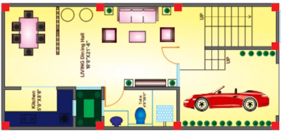 Sanskriti Garden Villas — Floor plan drawing of a residential unit showing living, dining, kitchen, toilet, and garage with a red car.