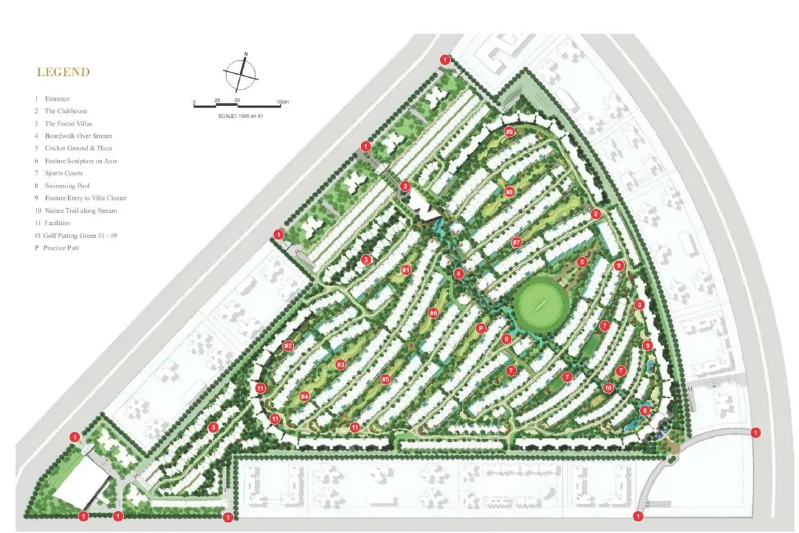 Rise Resort Residence Villa — Site plan with legend showing entrances, clubhouse, villas, cricket ground, sports courts, swimming pool, and golf putting greens.