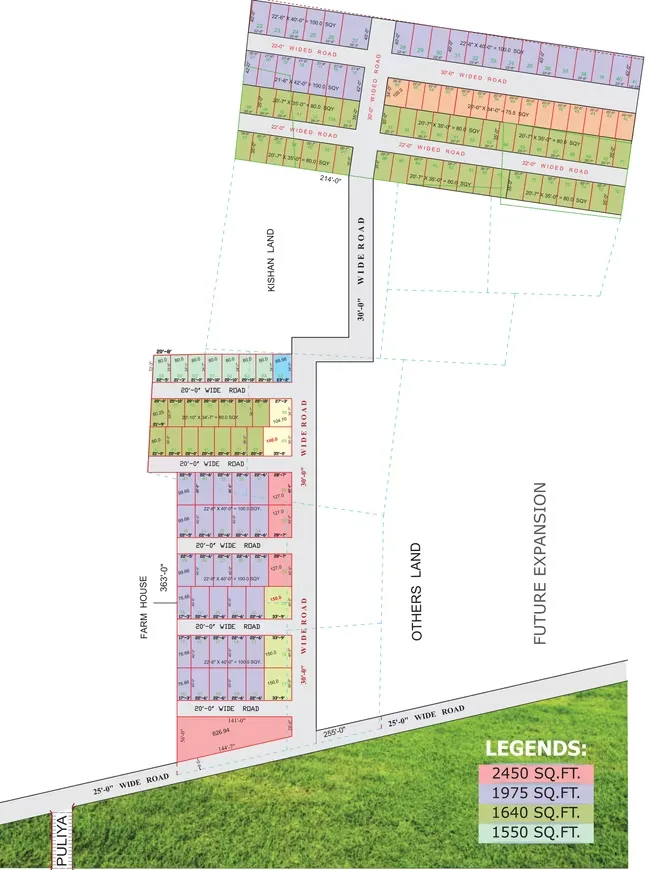 Kingson Green Villa 2 — Site plan showing plot layouts, roads, and land divisions with a legend for plot sizes.