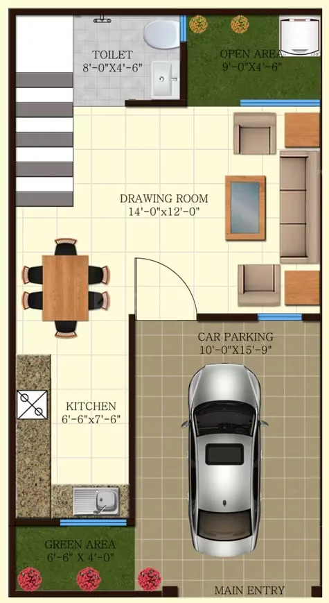 IBP Windsor Valley — Floor plan of a villa with car parking, green area, kitchen, drawing room, toilet, and open area with dimensions.