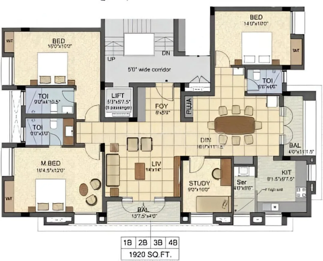 Shivi Grand Avenue Villa — Floorplan drawing showing two bedrooms, master bedroom, living room, dining room, kitchen, study, puja room, toilets, lift and foyer. Total area 1920 sq.ft.