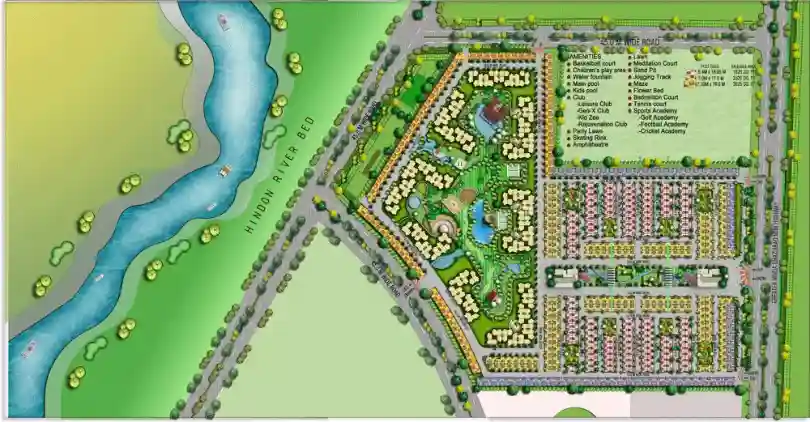 Amrapali Leisure Valley township master plan showing villa communities and amenity blocks