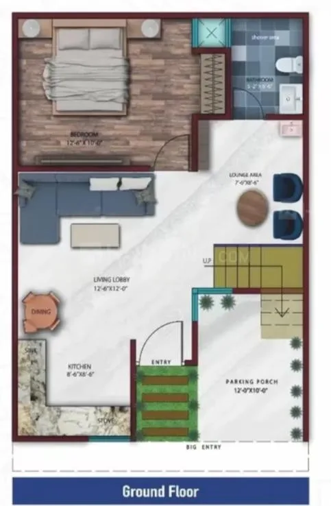 Shivi Stark Moon Villa — Ground floor plan showing a bedroom, living lobby, lounge area, kitchen, bathroom, entry, and parking porch.