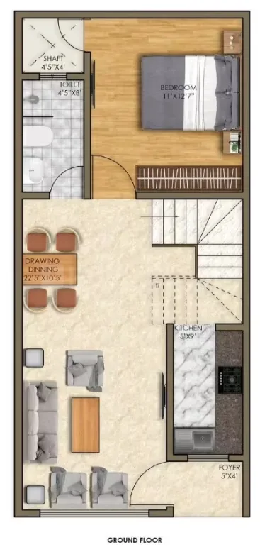 Trinity Primus — Floor plan of a ground floor with bedroom, toilet, kitchen, foyer, and drawing/dining area with dimensions.