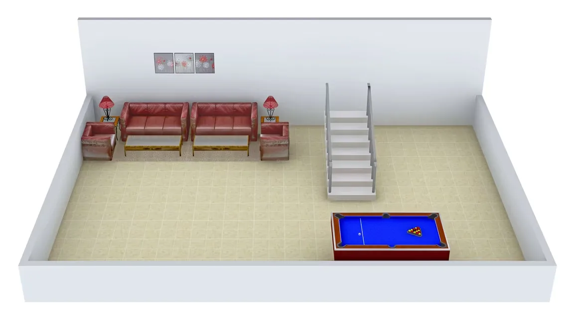 Supertech Holiday Village — A 3D render of a basement living space with red sofas, a pool table, and stairs.