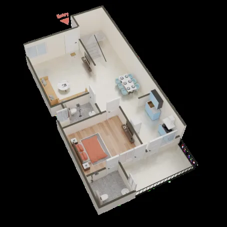 Supertech Holiday Village — 3D floor plan of a unit showing living area, dining, kitchen, bedroom with attached bathroom, and stairs