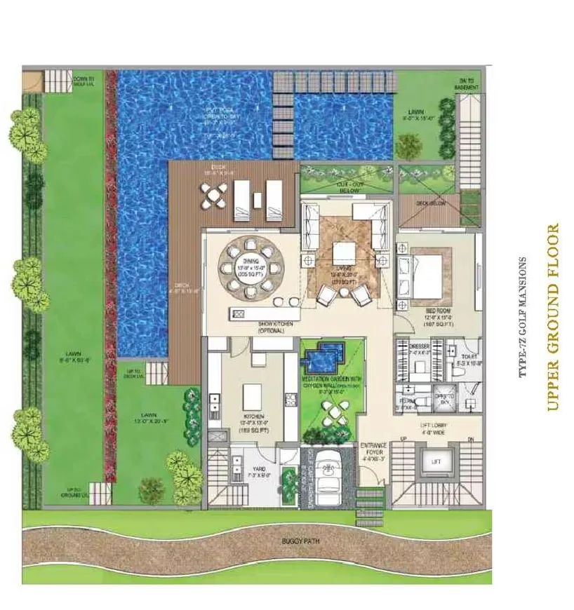 Rise Resort Residence Villa — Floor plan for a villa showing upper ground floor with swimming pools, lawn, living, dining, kitchen, bedroom and meditation garden.