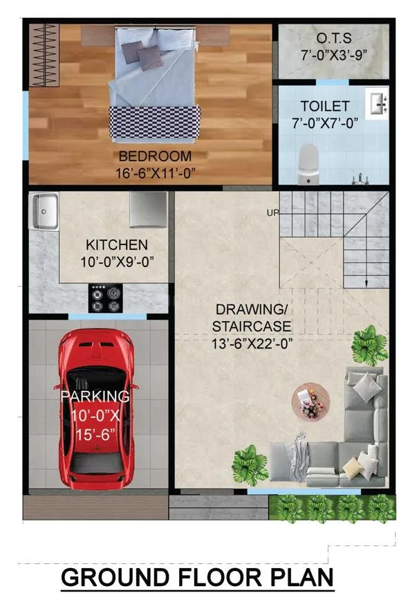 Jamston Metro Villas — Ground floor plan with a bedroom, kitchen, toilet, parking, and drawing/staircase area.